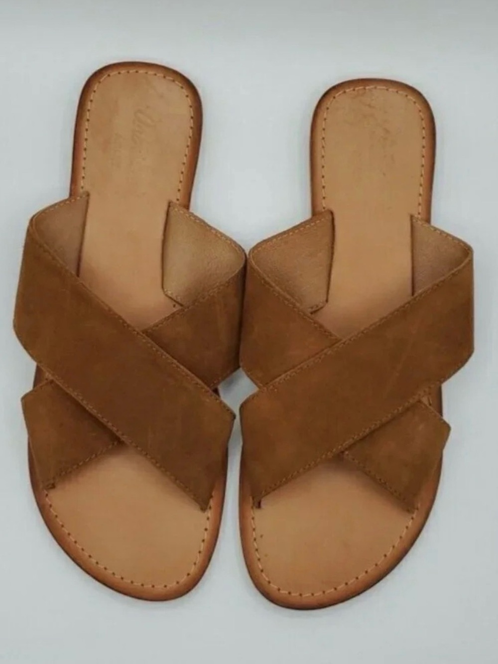 Ariat Unbridled Ava Flat Slide Sandal in Soft Cognac Suede Leather